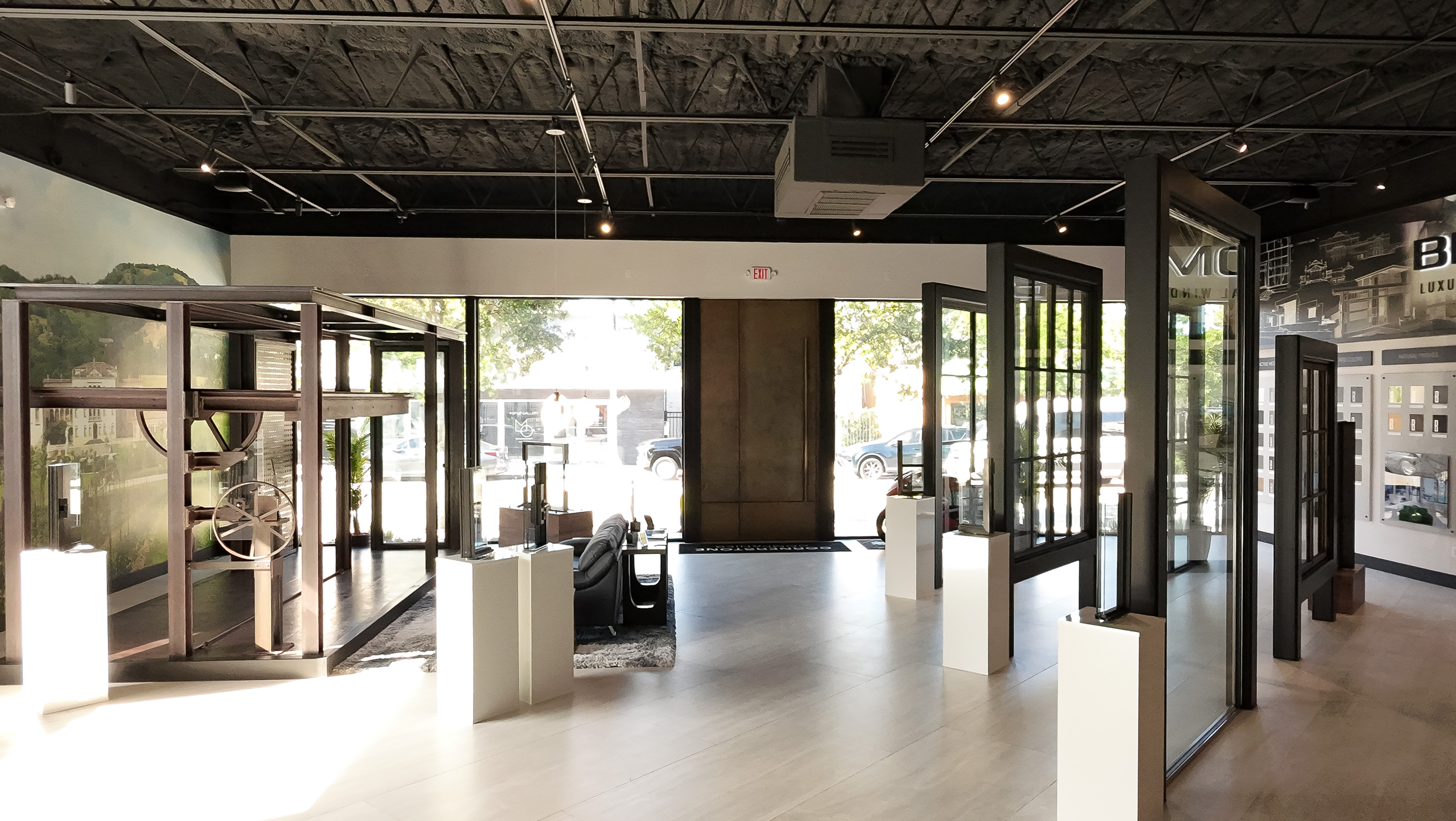 Wide view of full-scale Brombal Group window and door installations in the Cornerstone showroom